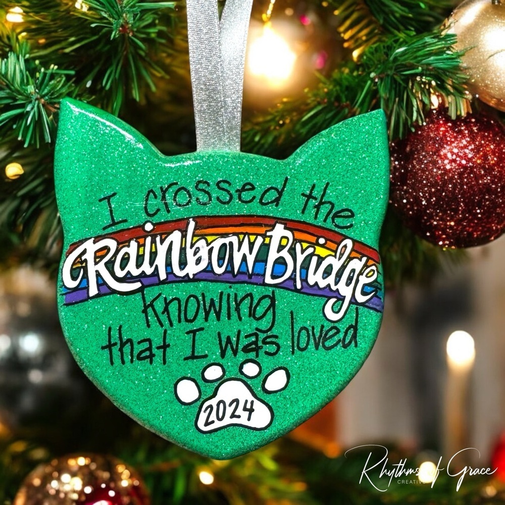 Purr-fect Tribute: Custom Hand-painted Rainbow Bridge Cat Ornament, Personalized